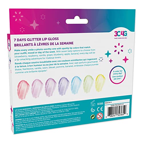 Make It Real 3C4G 7 Days Glitter Lip Gloss - Flavored Lip Gloss Set for Girls - Strawberry, Raspberry, Vanilla and More! - 7 Piece Lip Gloss Kit