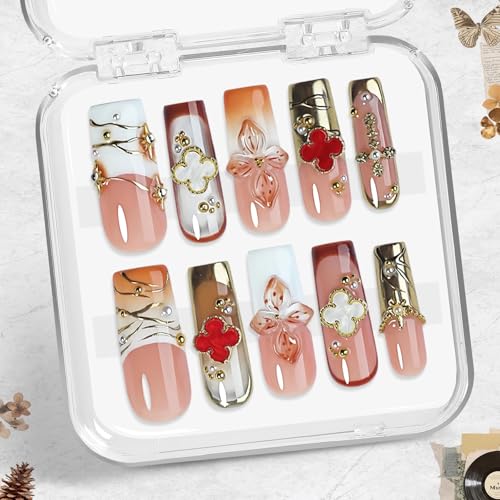 Luxury Soft Pink Press On Nails 10pcs, Handmade Acrylic Square Tips with 3D Floral Art, Gold Mirror Motif & Pearl Details, Elegant Ombre Design for Weddings, Parties & Daily Wear ? Appife