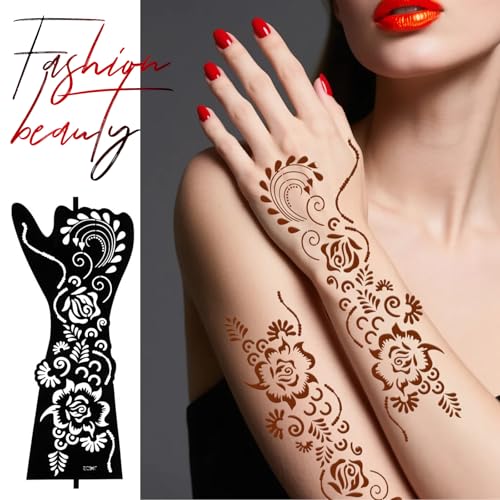 10 Sheets Temporary Tattoo Stencils - Henna Tattoo Stencil Kit, Self-Adhesive Indian Arabian Templates for Hand and Body Paint - New Designs, Temporary Tattoo Stickers