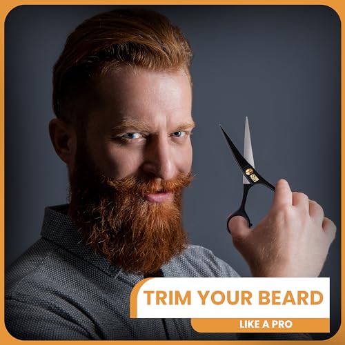 5'' Beard Scissors for Men- German Mustache Scissors with Beard & Mustache Comb- Beard Trimming Scissors with Travel Pouch- Mustache Grooming kit for Men Facial Hair Styling-Mustache Trimmer.