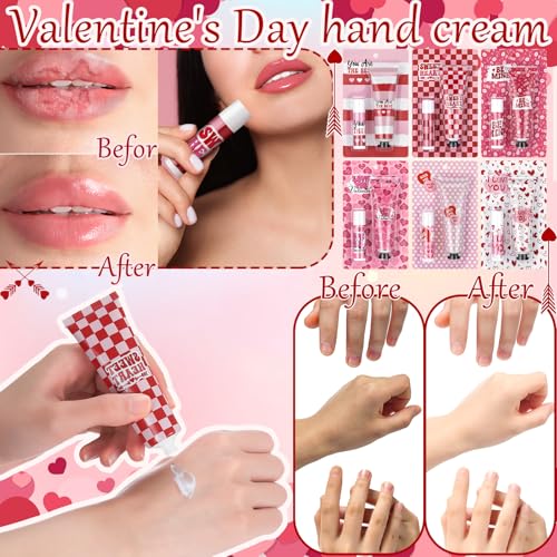Loopeer 48 Sets Valentine's Day Hand Cream Lip Balm Gifts Bulk Galentine's Day Gift Valentine Party Favor Moisturizing Heart Hand Lotion Bulk Mini Dry Cracked Care Cream for Women Teacher Coworker