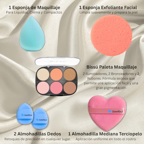 Makeup Kit Biss? 6?Color Palette + Velvet Puff + 2 Finger Puffs + Makeup Sponge + Exfoliating Sponge (4 Styles) (02 La de Caj?n)
