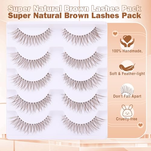 Brown Lashes Natural Look Cat Eye Lashes Brown Eyelashes Faux Mink False Lashes Wispy Volume C-curly Short False Eyelashes with Clear Band by Newcally