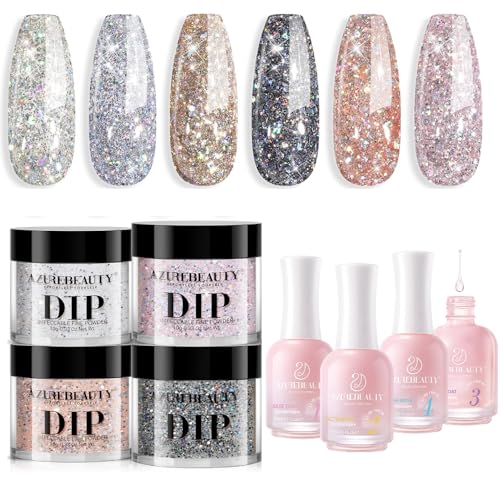 AZUREBEAUTY Dip Powder Nail Set, Silver Pink Black Dip Powder Liquid Set 4 Pcs Clear Dipping Powder Base Activator Top Coat and Brush Saver