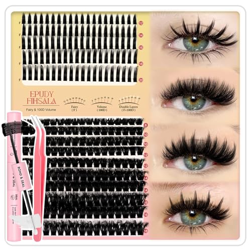 Lash Clusters 100D with DIY Spikes 12-20mm Manga Lashes Clusters 280pcs Fairy Cluster Mink Strips Lashes Wispy Volume Individual Lash Extensions with Bond Seal Tweezers Soft Fluff Look EPUDY FIHSALA