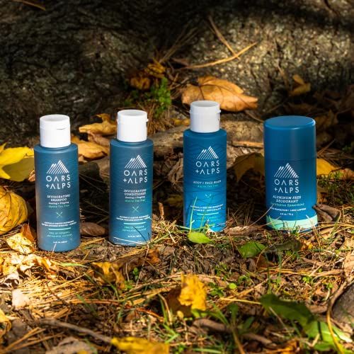 Oars + Alps Hair and Body Travel Kit for Men, Includes Sulfate Free Shampoo, Conditioner, Body Wash, Deodorant, and Reusable Pouch, TSA Friendly, Alpine Tea Tree Scent