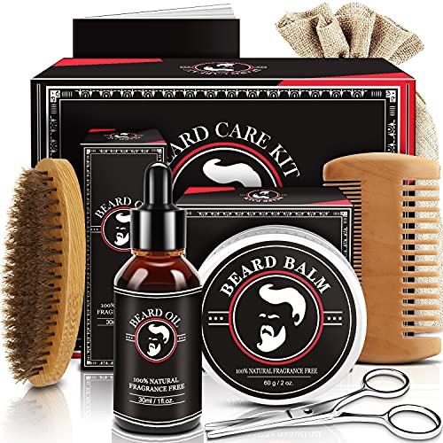 Valentines Gifts for Him, Beard Kit for Men, Beard Growth and Grooming Kit w/Beard Oil Beard Balm Beard Brush Beard Comb Beard Scissors, Christmas Birthday Gifts for Men Husband Grandpa Boyfriend Son