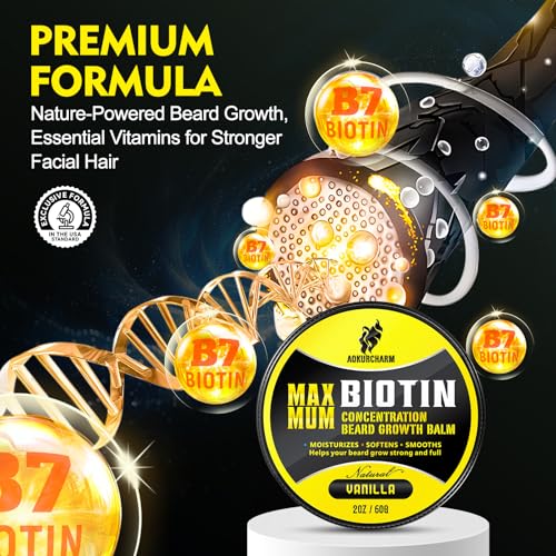 Biotin Beard Balm for Men ? Vanilla Beard Balm for Growth & Styling ? With Castor Oil, Jojoba & Shea Butter ? Softens & Thickens ? 2 OZ