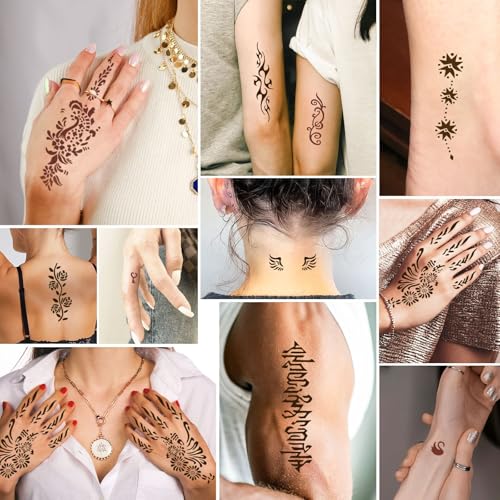 Temporary Tattoo Kit for Teens & Adults ? 3 Tattoo Pastes (2 Brown+Cherry Red), 100pcs Reusable Stencils, Outline Pen, Long Lasting Waterproof Body Art, DIY Skin Painting for Festivals, Parties Makeup