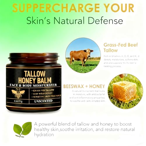 2Pack Beef Tallow for Skin, tallow and honey balm,tallow face moisturizer, Hydrating Tallow Balm with Raw Honey and Beeswax, Grass-Fed Beef Tallow & Raw Wild Honey Blend, Body & Face Moisturizer (OR)