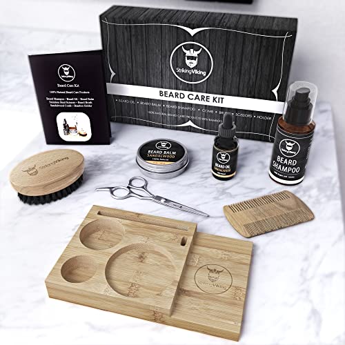 Striking Viking Beard Growth Kit - 7-Piece Set, Sandalwood - Softening Sandalwood Beard Oil & Balm - Brush with Mustache Comb & Scissors - Compact Caddy Organizer & Gifts for Men