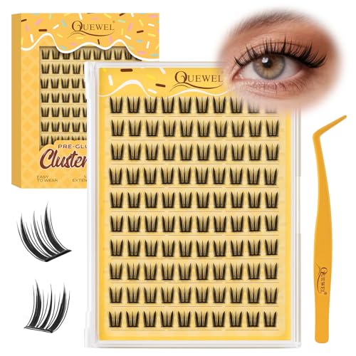 QUEWEL Self Adhesive Eyelashes, Pre Glued Eyelashes Clusters 100Pcs Manga Lashes No Glue Needed,D Curl Pre Glued Lashes With Tweezers for Cute Makeup ooks, Easy And Quick To Wear(ZZBP05)
