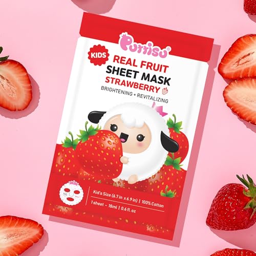 Puttisu Real Fruit Facial Mask Sheet for Kids, Children - Made with 100% Cotton, Moisturize, Sooths and Hydrates Skin (Strawberry- Pack of 7)