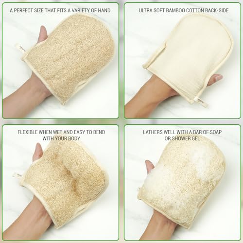 Premium Vietnamese Natural Loofah Gloves ? Exfoliating Body Scrubber Mitts with Thumb Holes, Easy Grip Design, for Men & Women, Shower & Bath (Pack of 2)