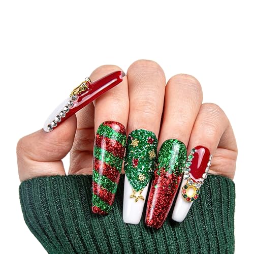 LOVFUL Press on Nails Merry Christmas| Handmade with Full Covered Crystals | Reusable Fake Nails | Coffin Mid Length 1.7 in | H78-L