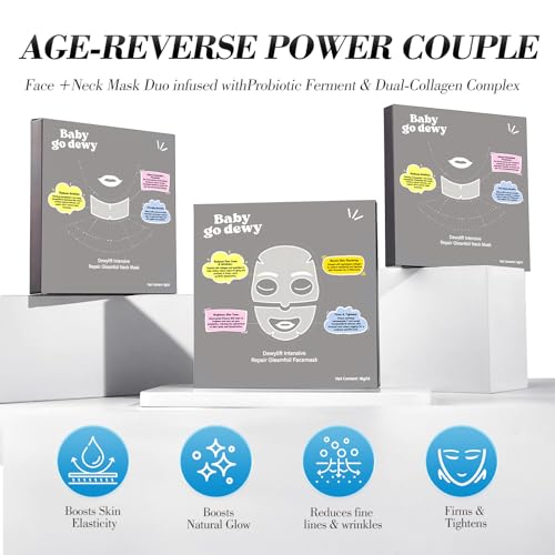 Baby Go Dewy Bio-Collagen?Peptide Face Mask Sheets ? Gleam Foil Intensive Overnight Hydrate Face?&?Neck Masks for Moisturizing, Firming & Lifting Care ? 8 Count(4 Face Masks + 4 Neck Masks)