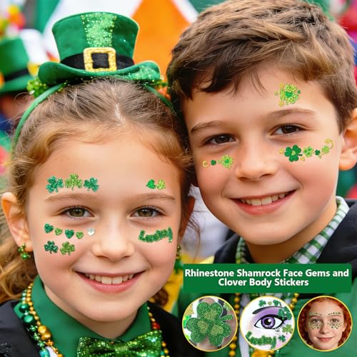 3 Sheets St Patricks Day Face Stickers Glitter Rhinestone Shamrock Face Gems Clover Body Stickers Jewels for Irish Party Favors Parades Accessories St Pattys Day Decorations(gem3)