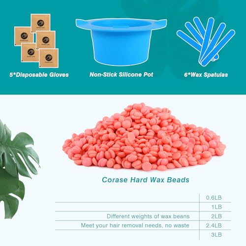 2lb Hard Wax Beads, Stripless Wax Bead for Sensitive Skin, Professional Brazilian Waxing Beads, Bikini, Body, Face, Legs, Back, Chest, Coarse Hair Removal, At-Home Salon, 1 Silicone Pot and 5 Sticks