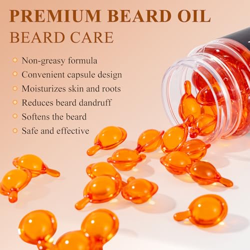 Beard Oil Capsules for Men,Natural Cedarwood Mens Beard Oil,Naturally Derived Conditioner with Argan Oil,Grapeseed Oil,Jojoba Oil and Vitamin E for Softening and Moisturizing Beard