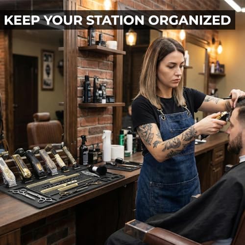 Magnetic Barber Mat for Clippers, Large Professional Barber Station Mat with 6 Strong Magnets, Non-Slip Rubber Barber Tool Organizer for Salon Stations, 20" x 14" Black