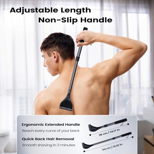 Back Shaver for Men - Retractable Long Handle Back Hair and Body Shavers,Replaceable Multi-Layer Double Blades£¨8PCS£©, Ergonomic DIY Wet or Dry Shaving Solution,Black