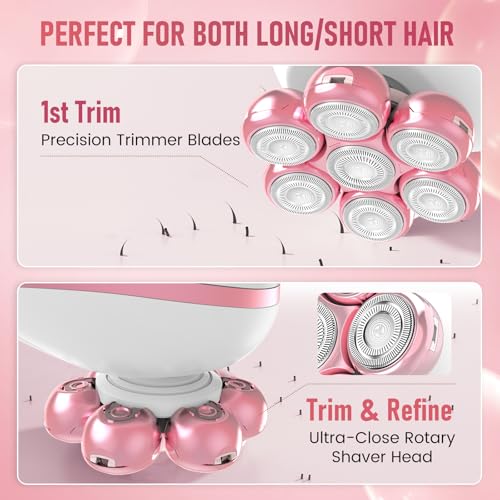 Electric Razors for Women, 7D Rotary Shaver for Legs Bikini Rechargeable, Wet/Dry Hair Removal Kit for Whole Body, Cordless Lady Trimmer Groomer, Wider Shaving Surface, Peach