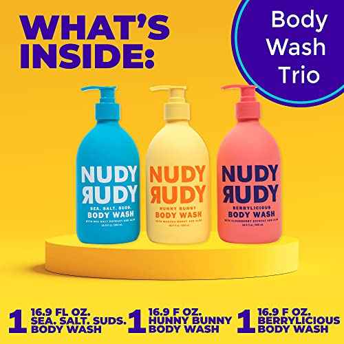 Nudy Rudy 3 Pack Liquid Body Wash Bundle Sea Salt Suds Berrylicious and Hunny Bunny Aloe Manuka Honey Vitamin E Moisturizing Shower Gel Body Wash Skin Care Men and Women 16.9 fl oz