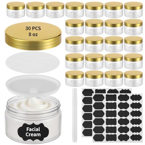 30 PCS 8 oz Plastic Lotion Containers with Lids, Refillable Clear Cosmetic Jar with Leakproof Gasket & Inner Pull Tab, Empty Round Sample Container for Cream Lotion Body Butter Makeup Travel Storage