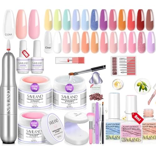 Saviland Builder Nail Gel Set with Nail Drill ? 3 Colors Hard Gel(VE&VB5&Kerain) with 24 Colors Castor Oil & Vitamin E Builder Nail Gel Lamp Nail Brush for Nail Extension Shaping DIY at Home Salon