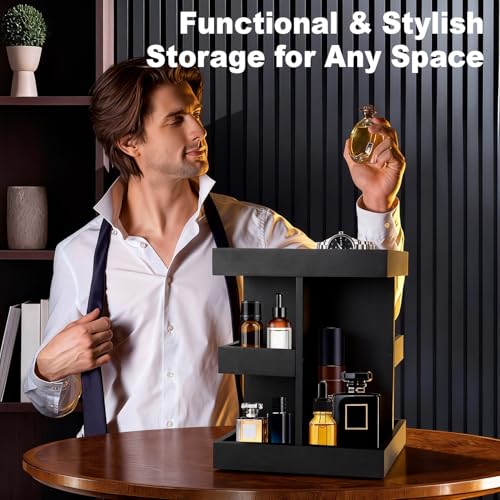 Cologne Organizer for Men, 3-Tier Perfume Stand with 360¡Æ Rotation, Large Capacity Wood Cologne Shelf for Desk, Nightstand Organizer, Dresser, Birthday Christmas Gifts for Men (Black)