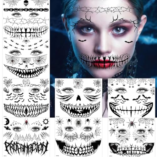 8 Sheets Halloween Face Temporary Tattoo Stickers Skeleton Mouth Tattoos 3D Spider Web Pumpkin Face Bat Spider Fake Tattoos Halloween Makeup Kit for Women Men