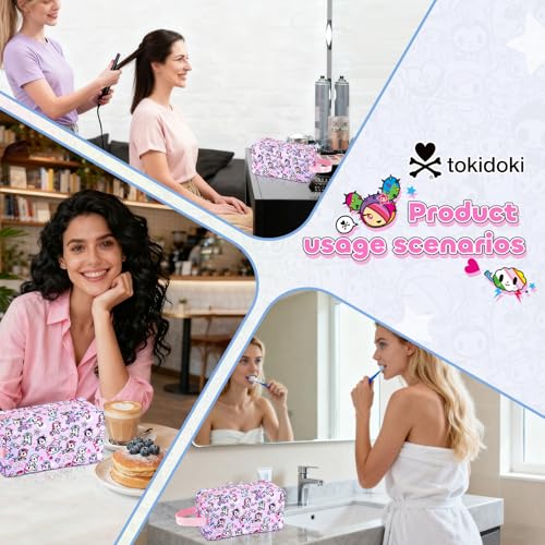 Tokidoki Makeup Bag for Women, Large Capacity Cosmetic Organizer & Toiletry Pouch with Handle, Official Licensed Unicorno Travel Cartoon Portable Makeup Case