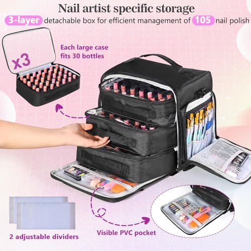 Extra Large Nail Polish Organizer Case Holds 105 Bottles with 3 Removable Pouches for Manicure Tools, Supplies, Nail Lamp, Gift for Girls