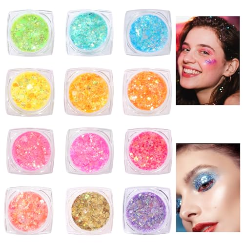 Glow in The Dark Face & Body Glitter Gel ? 12 Colors Chunky Holographic Glitter for Hair, Body, Festival, Party, Rave Makeup, Washable Cosmetic Glitter for Women, Teens, Kids, Halloween