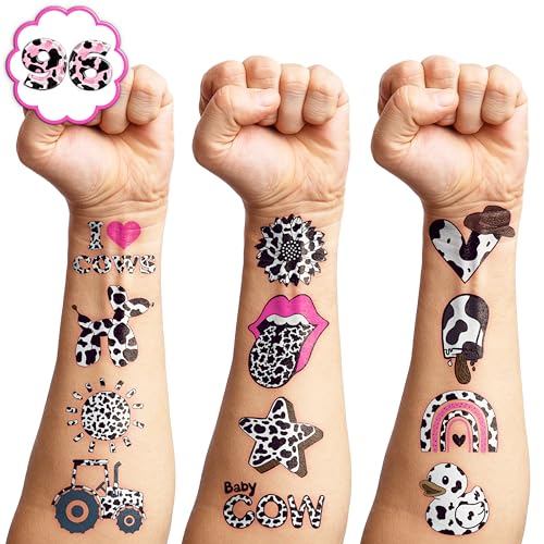 110 PCS Cow Print Birthday Party Decorations Favors Supplies Farm Animal Pink Happy Cow Temporary Tattoos Decor Stickers For Little Cow Girls Boys Gift School Prizes Rewards