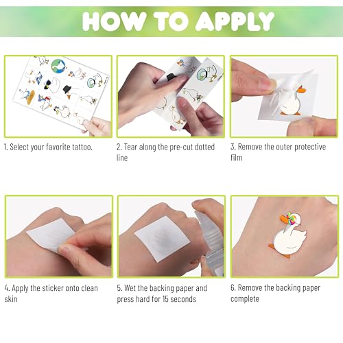 Duck Pre-Cut Temporary Tattoos 8 Sheets 96 PCS Silly Goose Party Decorations Supplies Favors Geese Animals Theme Birthday Cute Stickers Christmas Gifts for Boys Girls Class School Carnival (Normal)