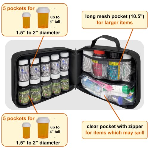 Large Pill Bottle Organizer With Emergency Card - 10 Pockets Medicine Bag for Travel & Home Storage - Black