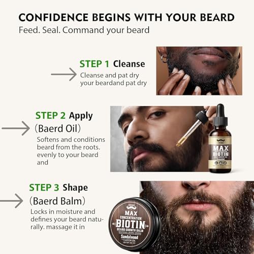 4X Concentration Biotin Beard Kit for Men ? Unscented Oil & Sandalwood Balm Set (2 Pack) ? Moisturizes, Softens & Promotes Growth ? Premium Beard Grooming Gift for Father¡¯s Day or Him