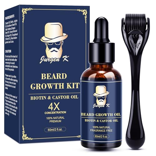Jurgen K Beard Growth Kit, Upgraded Beard Growth Oil (2Oz) w/Biotin & Castor Oil, Beard Massager for Patchy/Spot Beard, Beard Kit for Men's Daily Grooming, Birthday Gifts for Him Boyfriend Husband