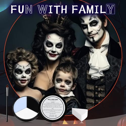 White Black Blue Halloween Face Body Paint with 3PCS Sponge and 1PC Brush, for Baseball Sports(Eye Black) & Halloween, Face Painting Kit for Skeleton Skull Clown Makeup, , Cosplay, SFX Costumes