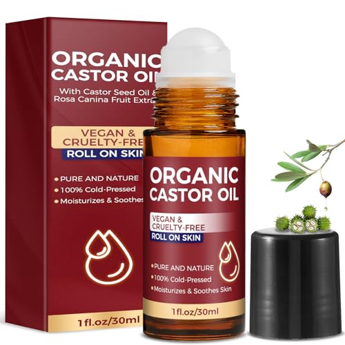 Organic Castor Oil Roll on, Castor Oil Roller Ball for Eyes, Face, Body Skin, Hair and Belly Button, Cold Pressed Unrefined, in Glass Bottle, Travel Size (1Fl Oz)