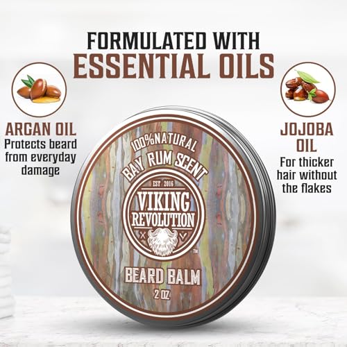 Viking Revolution Bay Rum Beard Balm for Men and Bay Rum Beard Oil Bundle - With Argan and Jojoba Oils - Soften and Moisturize your Beard