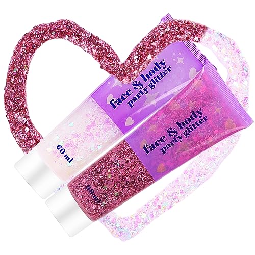 High Capacity 60+60ML Chunky and Fine Mixed Face Body Glitter with Gel for Singer Concerts Rave Party Makeup,Quick Dry and Long Lasting Holographic Iridescent Sequins Glitter Gel (white+pink)