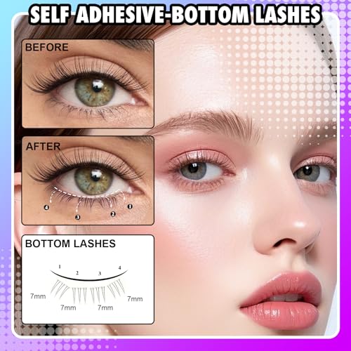 Bottom Lashes Clusters Self Adhesive Bottom Eyelashes Natural Looking Lower Lashes DIY Glue-Free Individual Lashes Bottom Extensions