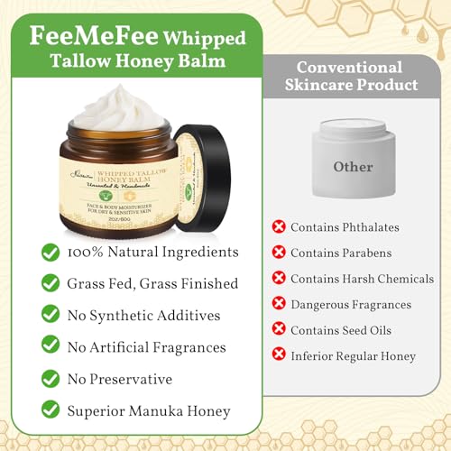 Beef Tallow for Skin 2oz | Tallow And Manuka Honey Balm | Unscented Tallow Face Moisturizer | Beef Tallow for Face | Organic Grass Fed Beef Tallow Balm | Whipped Beef Tallow Lotion Face Cream