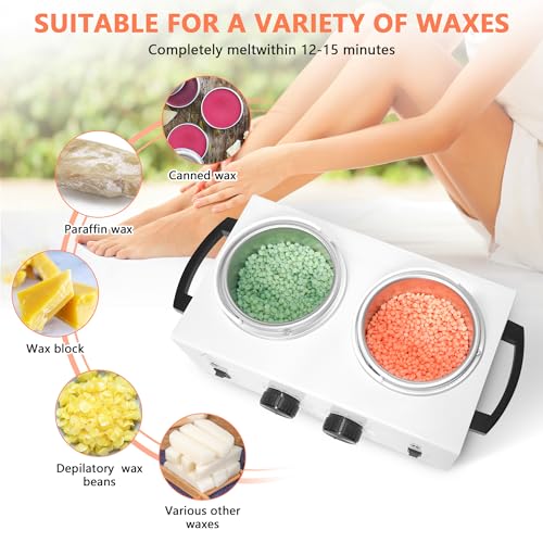 Professional Wax Warmer Double Pot Waxing Kit Heater Machine for Painless Hair Removal, with Adjustable Temperature Set, 50pcs Sticks, 20pcs Protective Collars
