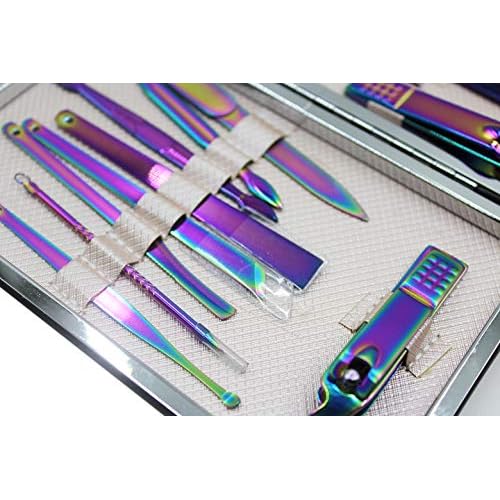 Professional Stainless Steel Chameleon Nail Clipper Travel & Grooming Kit Nail Tools Manicure & Pedicure Set of 15pcs with Luxurious Case(Purple)