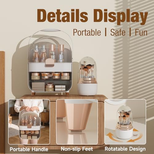 Makeup Organizer Countertop & 360¡Æ Rotating Makeup Brush Holder, Skincare Holder with Lid and Drawers, Storage Box Cosmetic Display Cases, Teen Girl Gifts, Vanity, Bathroom Counter,Rose Gold