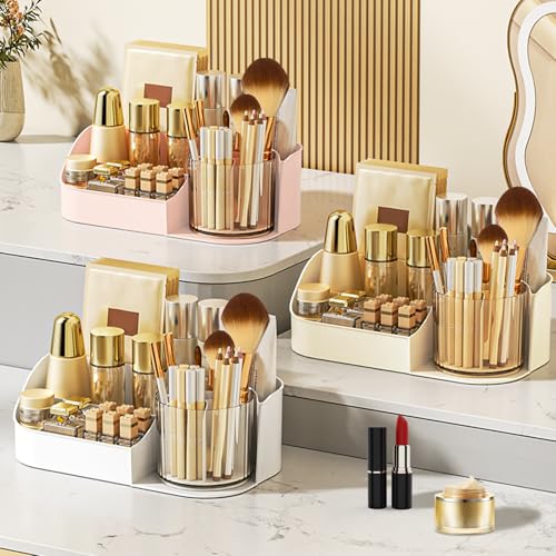 DASITON Large Capacity Makeup Organizer with 360¡Æ Rotating Makeup Brush Holder, Perfume and Skincare Storage Organizers for Vanity Bathroom Countertop, Cosmetic Display Case (White, 1 Tier)
