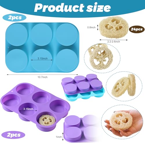 Sliner 4 Pcs 3 Inch Round Silicone Soap Molds & 24 Natural Loofah Sponges, Exfoliating Body Scrubbers for Soap Making, Shower Steamers, Bath Bombs, Lotion Bars - Suitable for Women and Men